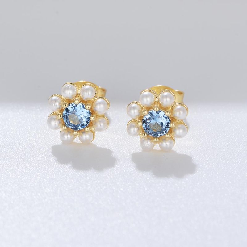 New Fashion Handmade 925 Sterling Silver Blue Zircon Pearl Sweet Flower Lovely Stud Earrings