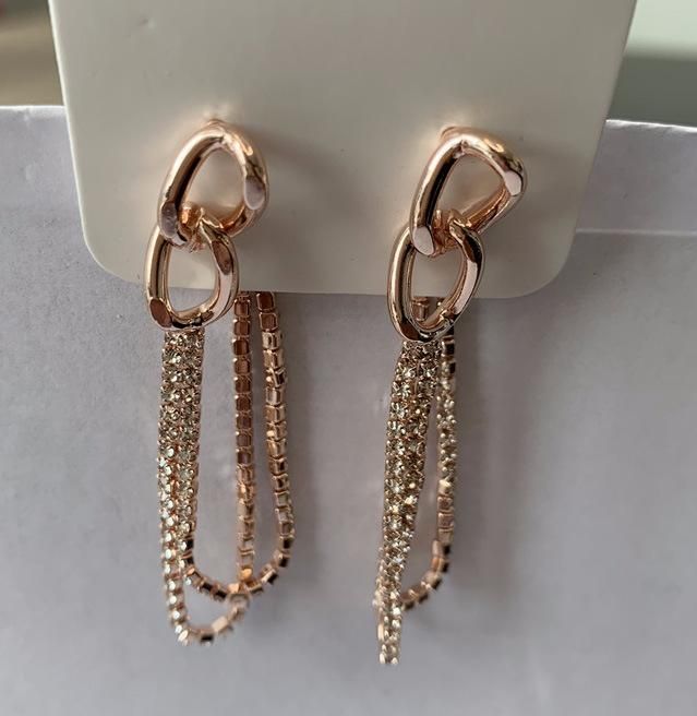 Fashion Jewelry Rose Gold 18K Gold Plated 2 Rows Long Crystal Glass Cupchain Tassel with Link Chain Earrings for Women