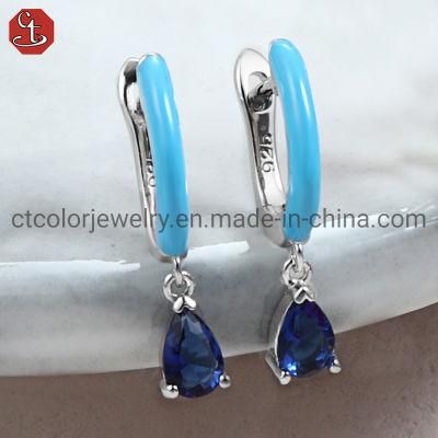 New Design Blue Enamel 925 Sliver Drop cz Hoop Earrings