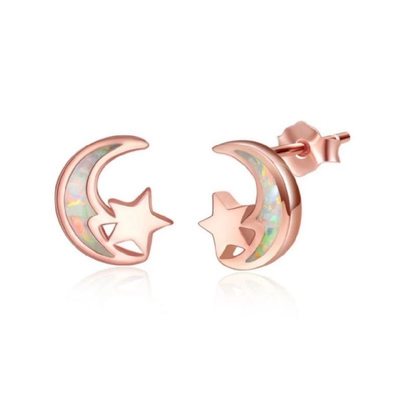 Classic Style 925 Sterling Silver Moon and Star Opal Stud Earrings