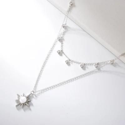 Stylish 925 Sterling Silver Sun Double Necklaces Small Round Zircon Shining Shell Layer Necklace