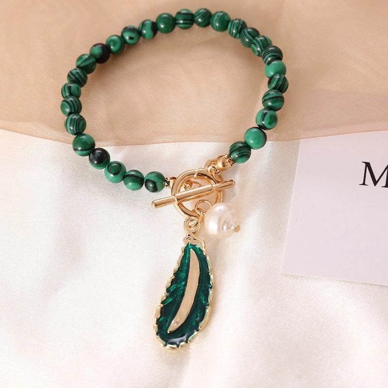 Stylish Vintage Jewelry Malachite Leave Shape Pearl Fashion Women necklace and Earring Sets