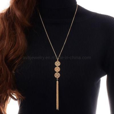 Retro Fashion Jewelry Alloy Gold Plated Geometric Round Piece Long Necklace with Tassel Pendant