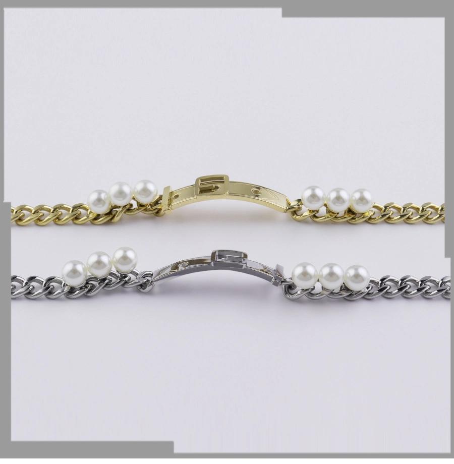 Women′s Stainless Steel Jewelry Inlaid Pearl Bracelet Gold Cuban Bracelet