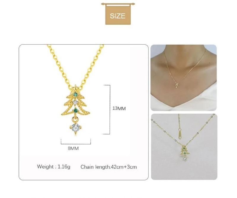 925 Sterling Silver 14K Gold Plated Christmas Tree Pendant Necklace Women Color Crystals Christmas Jewelry