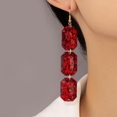 New Arrival Red Dotting 3 Layered Square Shape Long Earrings Luxurious for Women Clothing Accessories