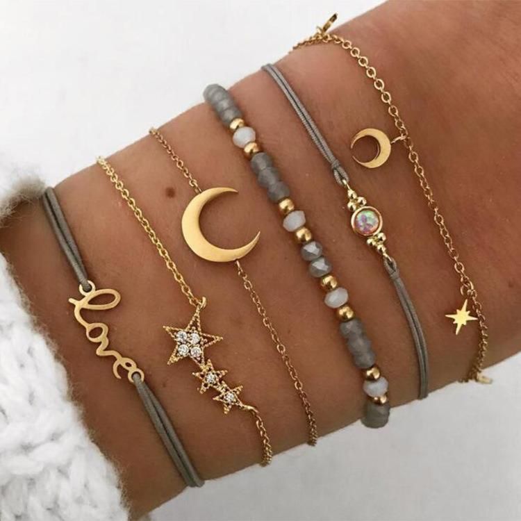 2020 New Women Multi Layer Alloy Metal Bracelet with Love Moon Star Charm