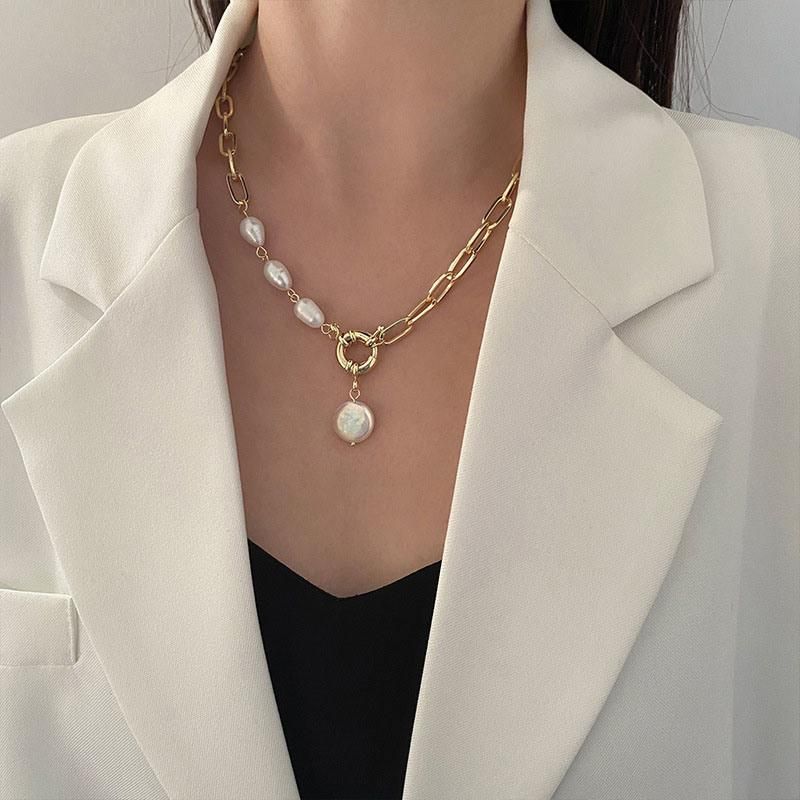 Popular Custom 18K PVD Gold Plated Stainless Steel Chain Irregular Baroque Freshwater Pearl Pendant Necklace Jewelry