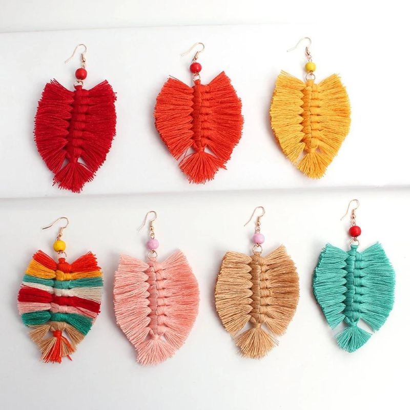 Hot Sale Bohemian Personalized Tassel Alloy Stone Big Hoop Summer Rainbow Leaf Earrings