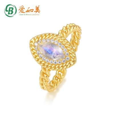 Engagement Gift Wedding Women&prime;s Moonstone Rings 925 Sterling Silver New Fashion Open Adjustable Marquise Shape Big Gems Ring