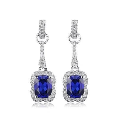 Created Blue Sapphire Drop Dangle Earrings Elegant Rectangle 925 Sterling Silver Jewelry