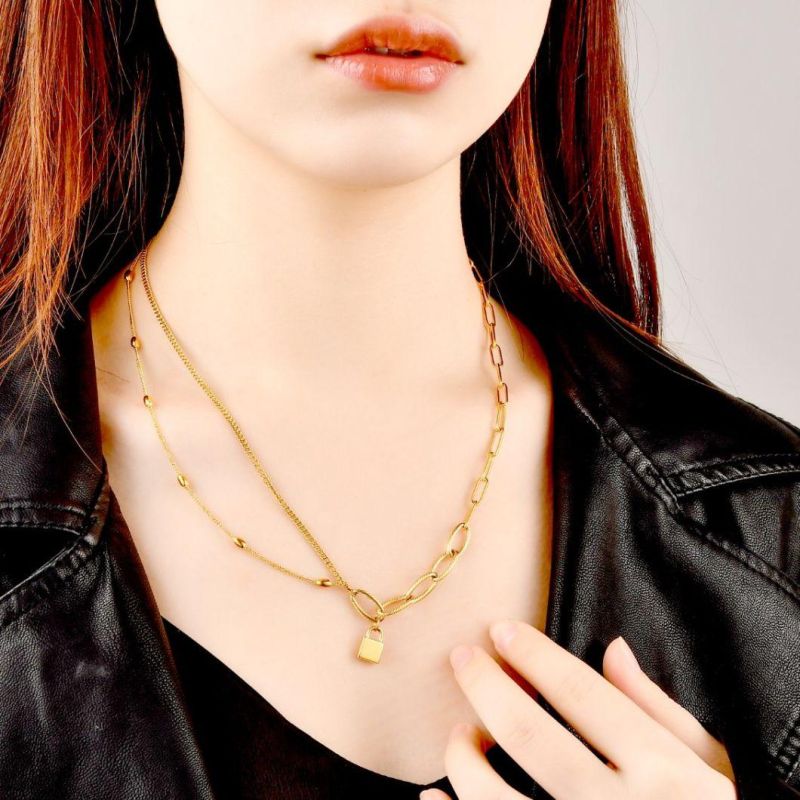 Fashion Jewelry Costume Jewellery Accessories Gold Plated Stainless Steel Necklace with Lock Pendant
