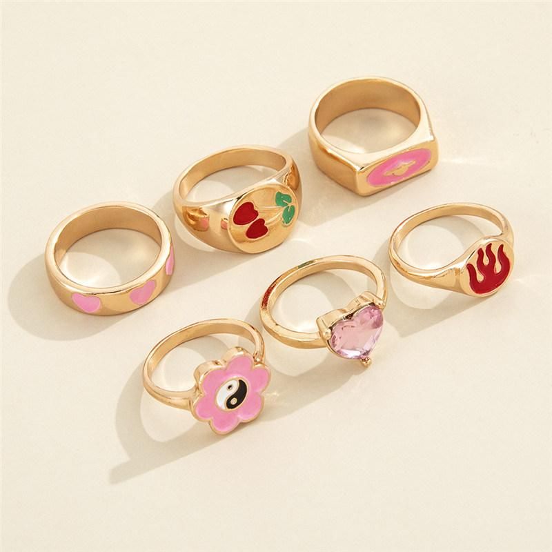 Manufacture 6PCS/Set Pink Enamel Heart Shape Stone MIDI Ring Stacking Statement Rings with Cherry Heart Yingyang Fire Patterns