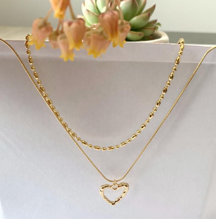 2 Rows Multiple Necklace with Chunky Bamboo Chain and Hammered Pattern Heart Pendant Necklaces for Women