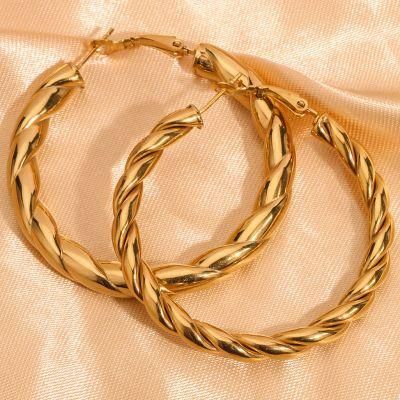 Trendy Stainless Steel Temperament Earrings Jewelry 18K Gold Plated Round Twist Big Hoop Earring for Women