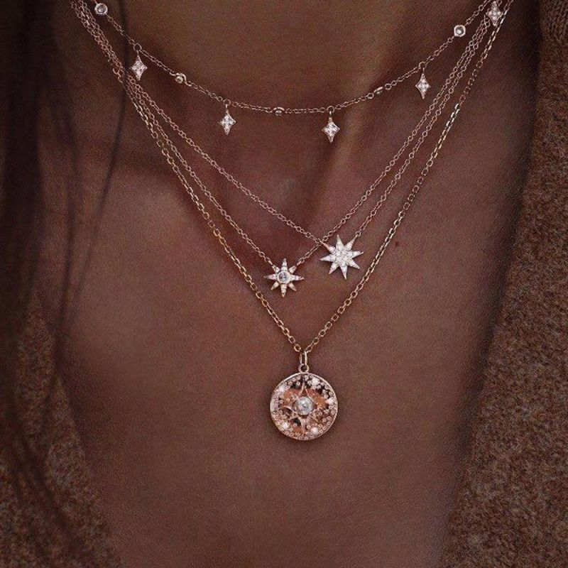 Luxurious Women Pearl Multi Layer Choker Long Necklace with Star Charm