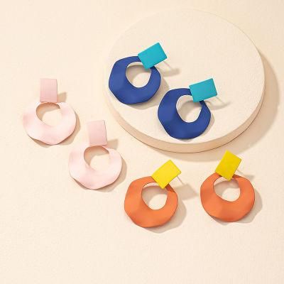 2022 Spring Summer New Geometric Design Colourful Rectangle with Waved Effect Round pendant Painting Women Earrings