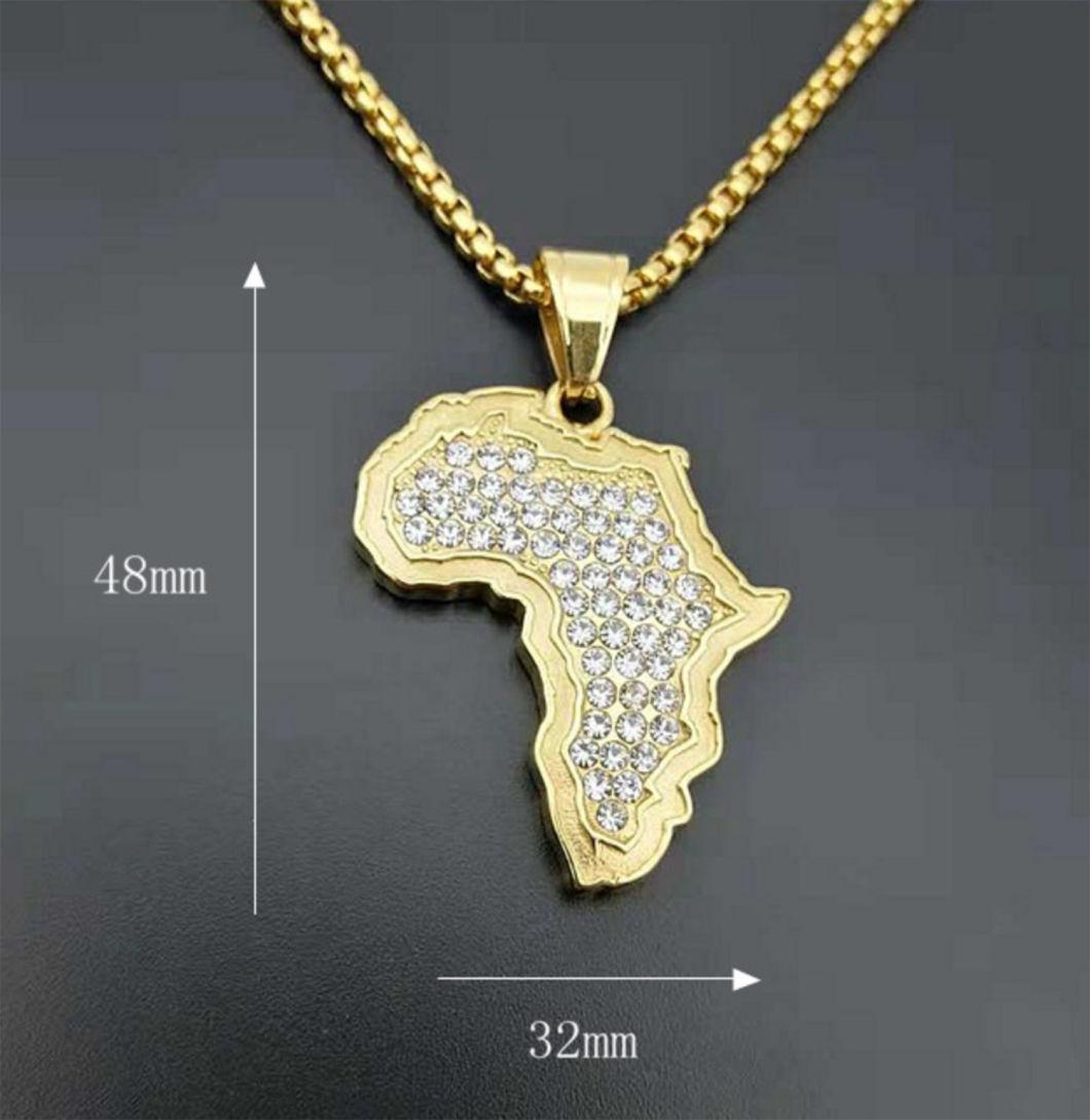 Hot-Sale Hip-Hop Hiphop Jewelry Titanium Steel Gold-Plated Diamond Diamond Map Pendant for Africa Spt2621