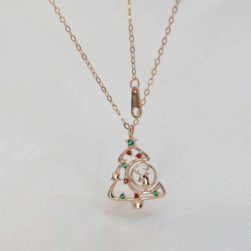 925 Sterling Silver Christmas Tree Reindeer with Colorful CZ Pendant Necklace Women Christmas Gift Fashion Jewelry