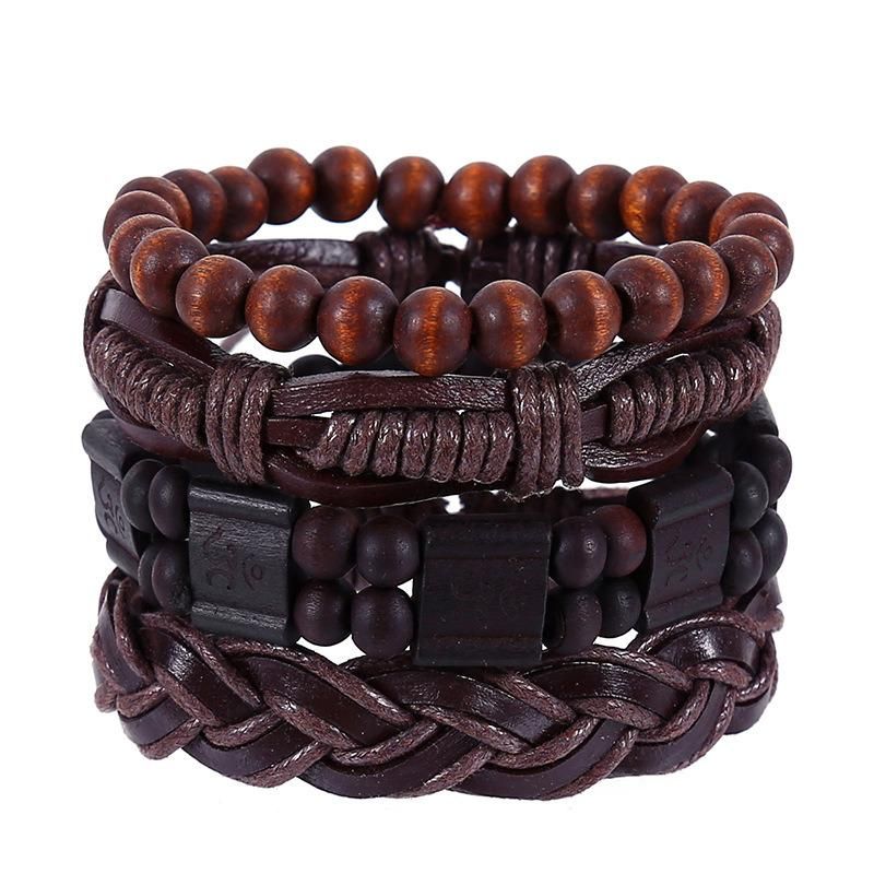 Leather Cuff Bracelet for Men and Women Punk Rock Braided Bracelet Via Brown Black Wristband Handmade Jewelry 4 Piece