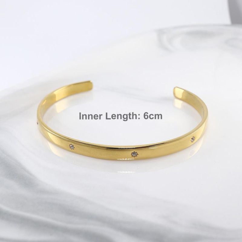 Dainty Fashion Stainless Steel 18K Gold Plated 4.5mm CZ Open Cuff Bangle Bracelet for Women Jewelry