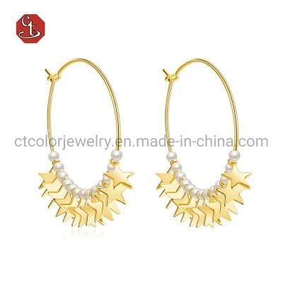 New Design Fashion Jewelry 18K Gold Plated Classical Circle Hoops White Pearls 925 Sterling Silver Star Earrings