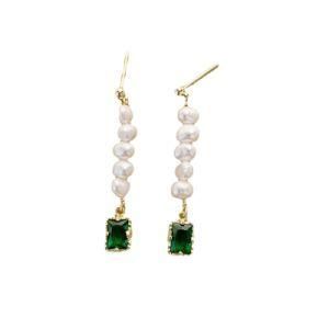 Irregular Baroque Fresh Water Pearl Baguette Green CZ Gold Plated Drop Earrings Korean Style Pearl Earrings Pearl Jewelry Set