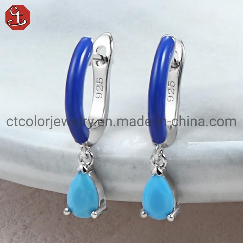 New Design Blue Enamel 925 Sliver Drop cz Hoop Earrings