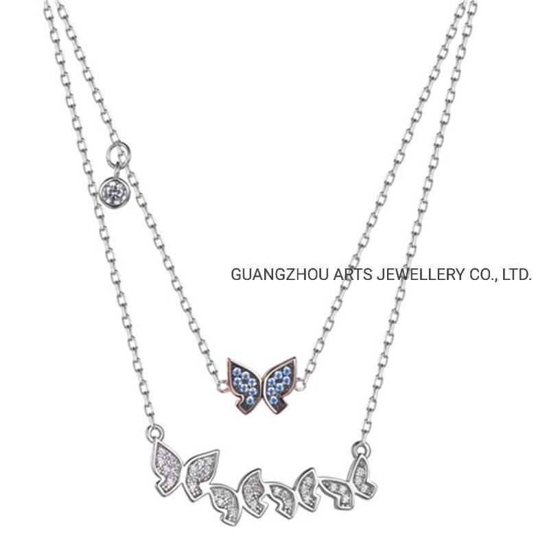 Cubic Zircons on Butterflies Double Layer Chains Necklace