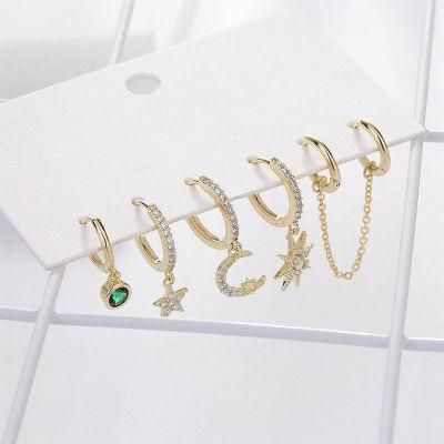 5 Pairs Round Star Chain Dangling Hoop Huggie Earrings for Fashion Women Jewelry