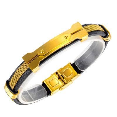 Casual Style Leather Stainless Steel Gold Coated Bracelet for Men