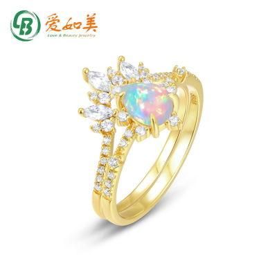 OEM/ODM Gold Plated Silver Rings Set Fine Jewelry Dainty Lady Synthetic Opal Stacking Ring