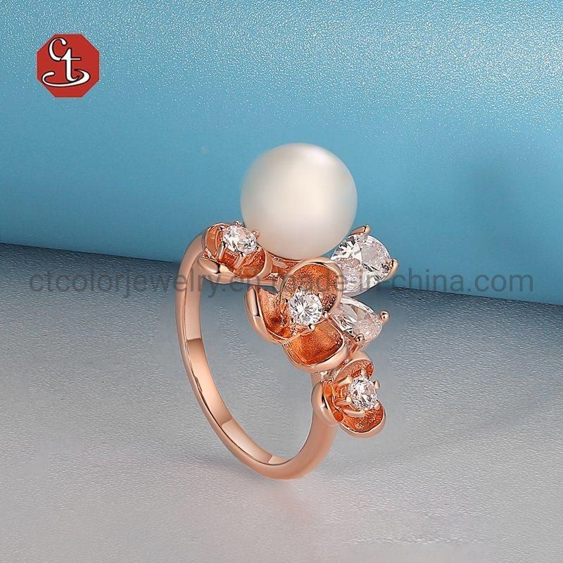 Fashion Jewelry Elegant 18k Rose Gold Plated Silver Brass Flowers and pearls Rings