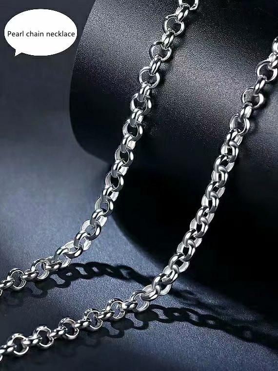 Pearl Chain Necklace for Men Women Stainless Steel Link Chain Necklaces Thick Metal Jewelry