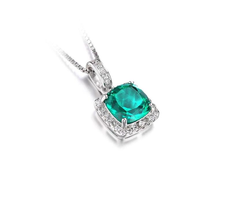 Classic Cushion Nano Russian Simulated Emerald Pendant Necklace 18 Inches 925 Sterling Silver Jewelry