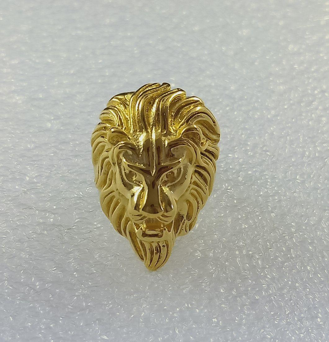 Hot Selling 316 Stainless Steel Hip Hop Lion Head Hand Polished Vacuum Gold Plated Men′ S Ring Sgmr2622