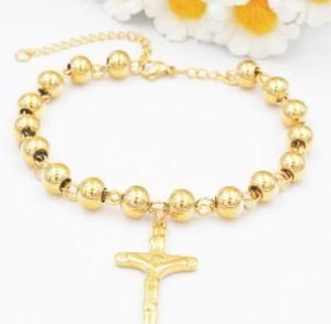 Simple Charm Gold Color Beaded Chain Bracelet with Cross for Sale