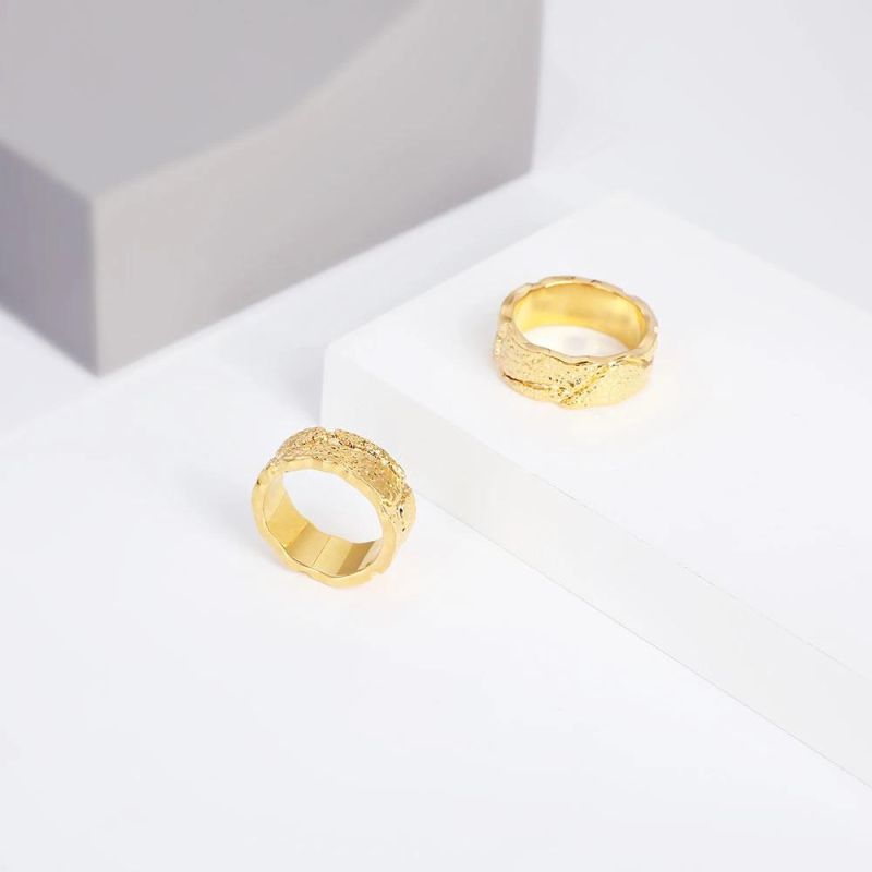 Latest Width Sand Stone Texture Gold Plated Finger Rings Women