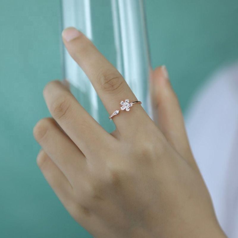 925 Sterling Silver Ring Flower with Zircon Adjustable Finger Ring Women Fashion Wedding Party Jewelry Gift