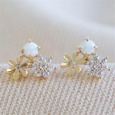 Daily Wear Fine Jewelry Wholesale Price Double Flower Alloy Metal Stud Earrings with Opal in Gold Plated for Women