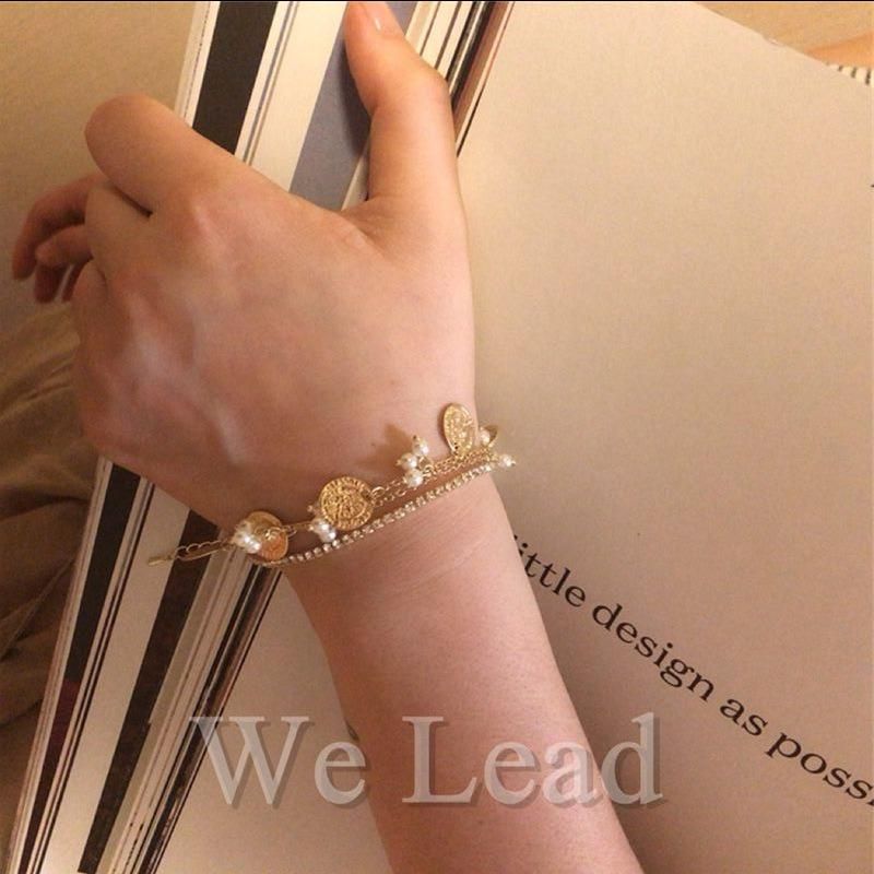 Fashion Vintage Tag Inlaid Pearl Personality Bracelet Jewelry