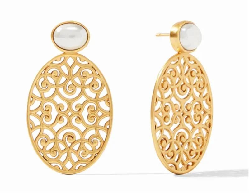 Fashion Filigree Large Oval Shape Casted/Casting Statement Earring with Gemstone Jewelry