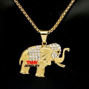 24&quot; Men&prime;s Jewelry Stainless Steel Gold Ice Bling Elephant Charm Pendant Necklace 3mm Box Chain