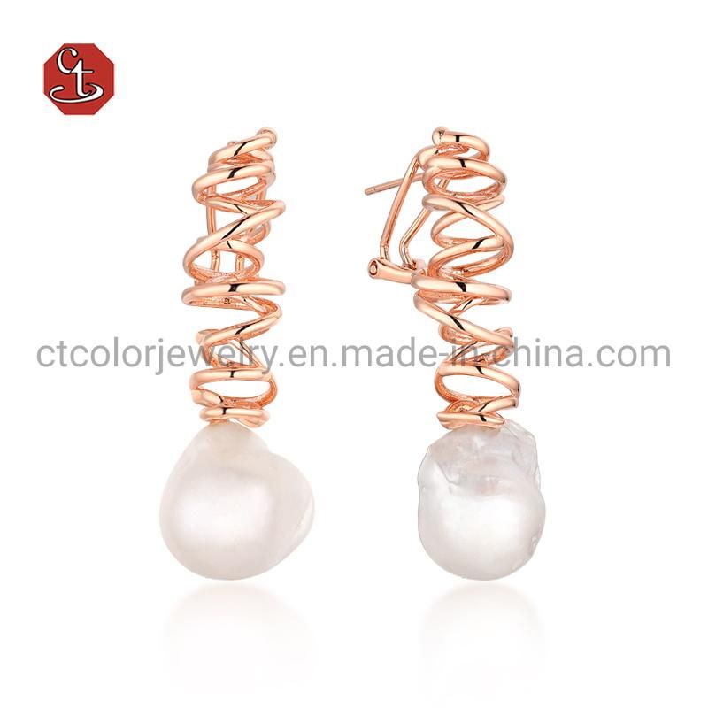 Fashion Jewelry Rose Plated 925 Silver Baroque Pearl Earrings Simple Irregular Unique Design Earrings