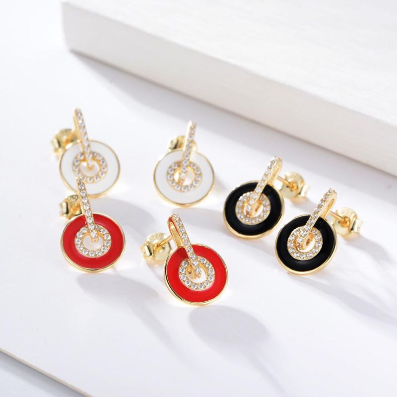 Exquisite 925 Sterling Silver Gold Plated Cubic Zirconia Enamel Circle Stud Earring