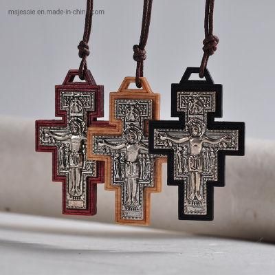 San Damiano Crucifix Oxidized Wooden Pendant Metal Inlay Cord Necklace