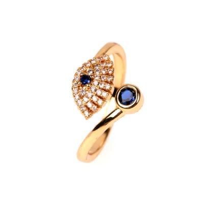Personalized 18K Gold Plated Blue CZ Crystal Eye Finger Ring Open Adjustable Zirconia Evil Eyes Ring