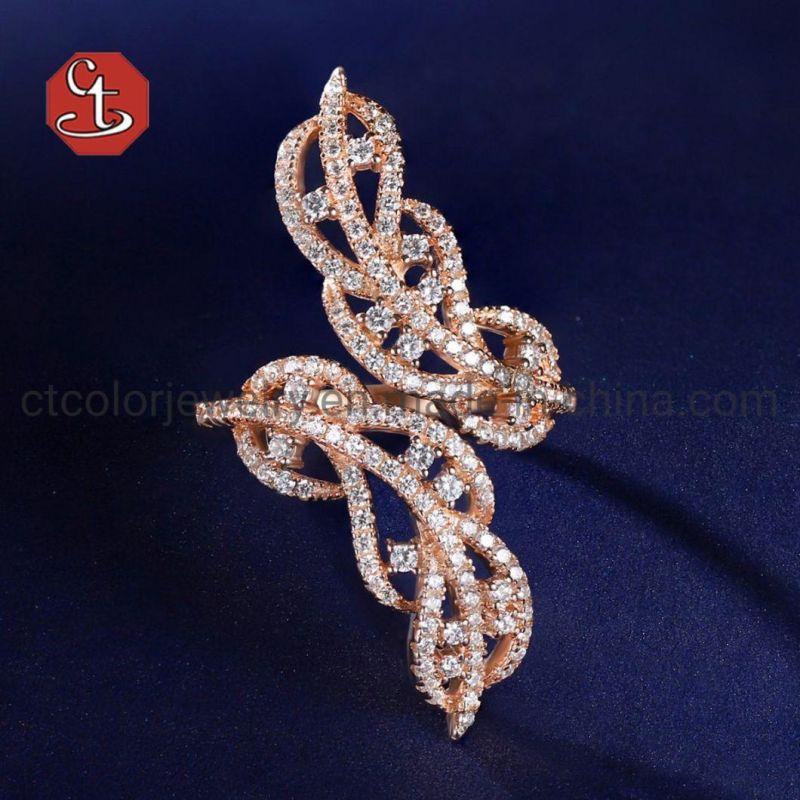 Leaf Shape CZ Silver Open Rings Brass Adjustable Ring Jewelry
