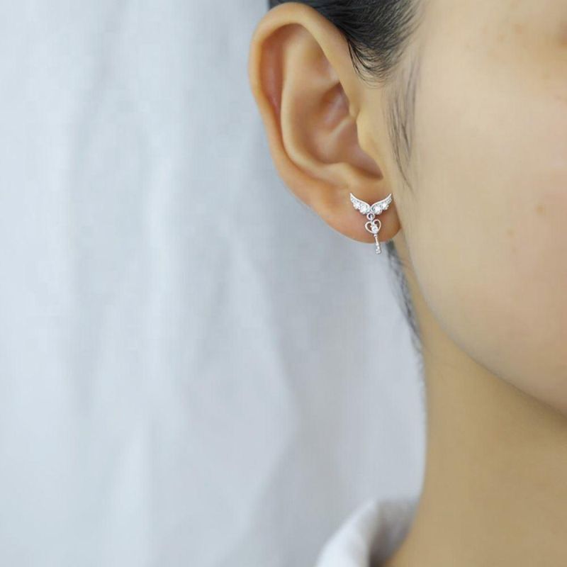 Real 925 Sterling Silver Earring Fashion Angle Wings Key Zircon Stud Earrings for Women Personality Jewelry Gift