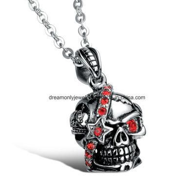 Punk Men Necklace Stainless Steel Gothic Skull Pendant Necklace for Man with Red Cubic Zircon Free 24&quot; Chain